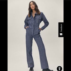 Nasty Gal Denim Collared Check Boilersuit size 8